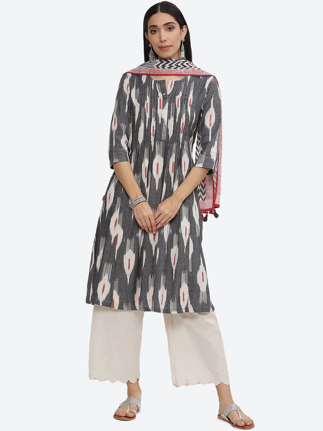 Biba Abstract Printed A-Line Kurta with Palazzos & Dupatta - Distacart