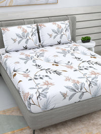 Thumbnail for DREAM WEAVERZ White & Grey Floral 220 TC Cotton 1 Double Bedsheet with 2 Pillow Covers - Distacart