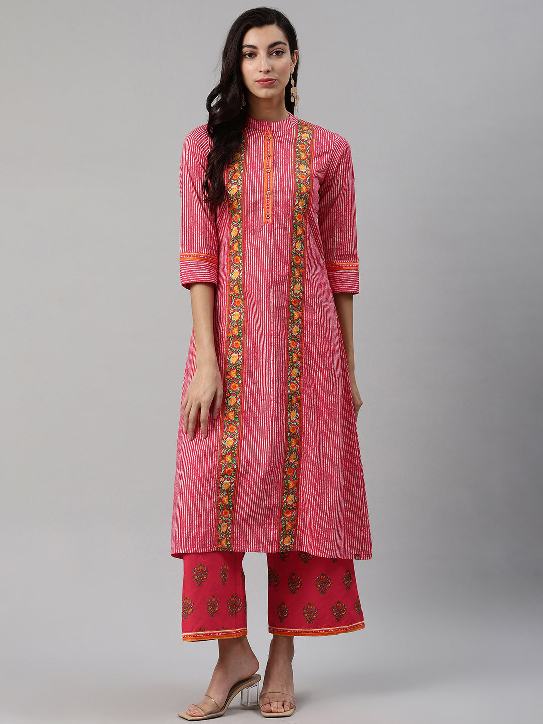 Biba Women Red & Off-White Striped Kurta with Palazzos - Distacart