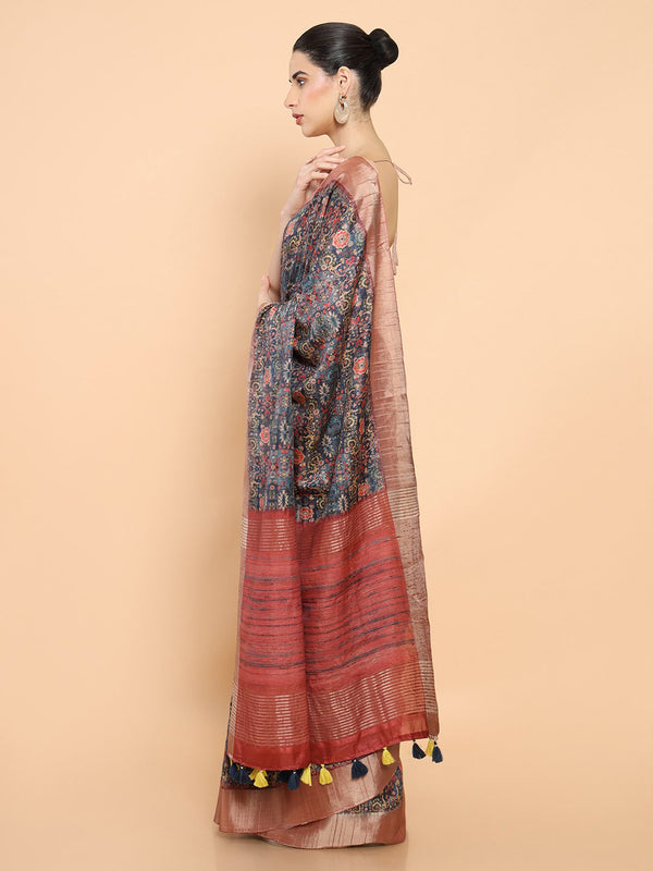 Soch Blue & Pink Floral Zari Silk Blend Ready to Wear Saree - Distacart