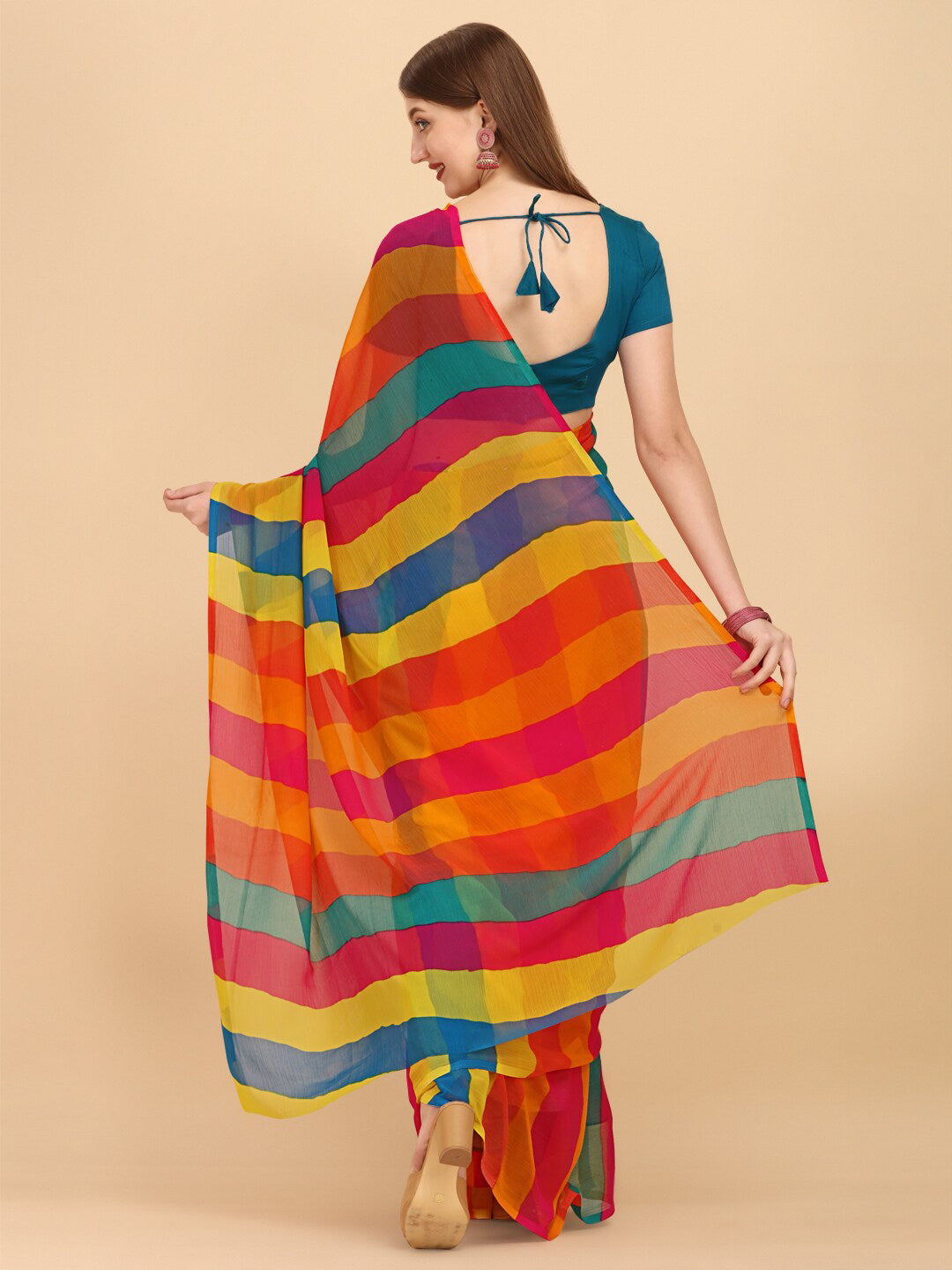 Sangria Yellow & Turquoise Blue Colourblocked Pure Chiffon Saree - Distacart