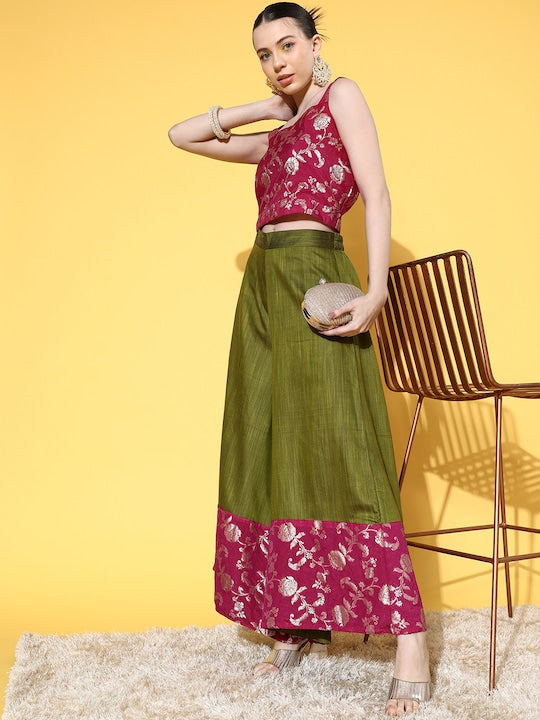 InWeave Women's Pink Brocade Strappy Top W Olive Pink Brocade Palazzo Set - Distacart