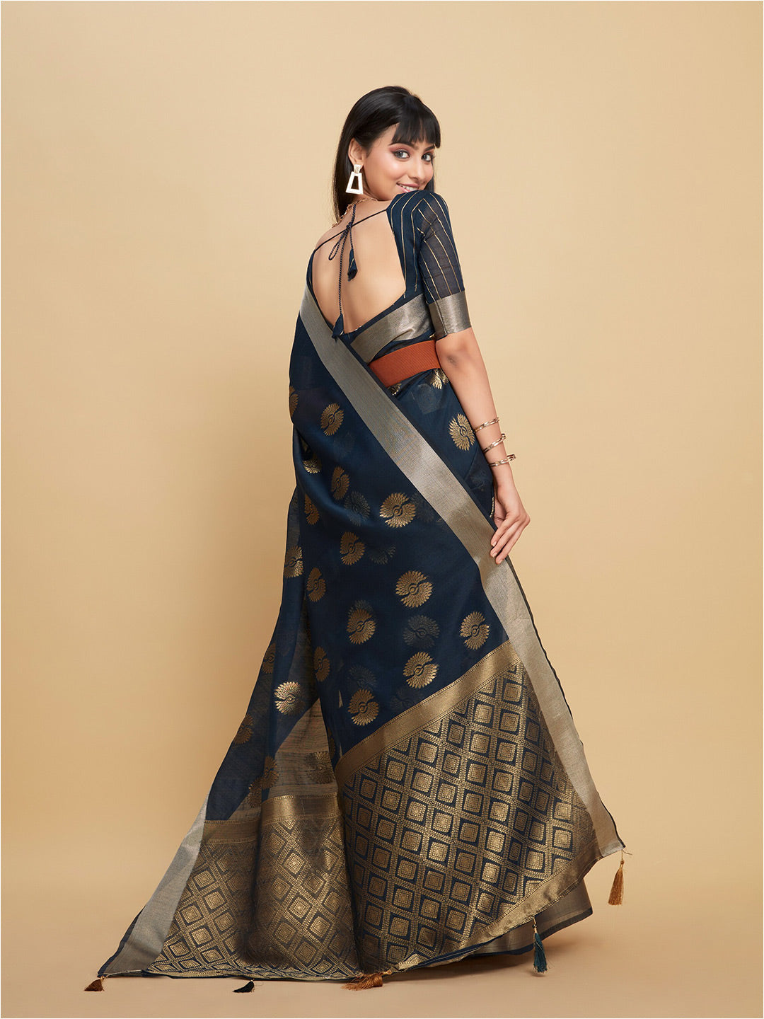 Sangria Navy Blue Ethnic Motifs Woven Design Zari Saree - Distacart