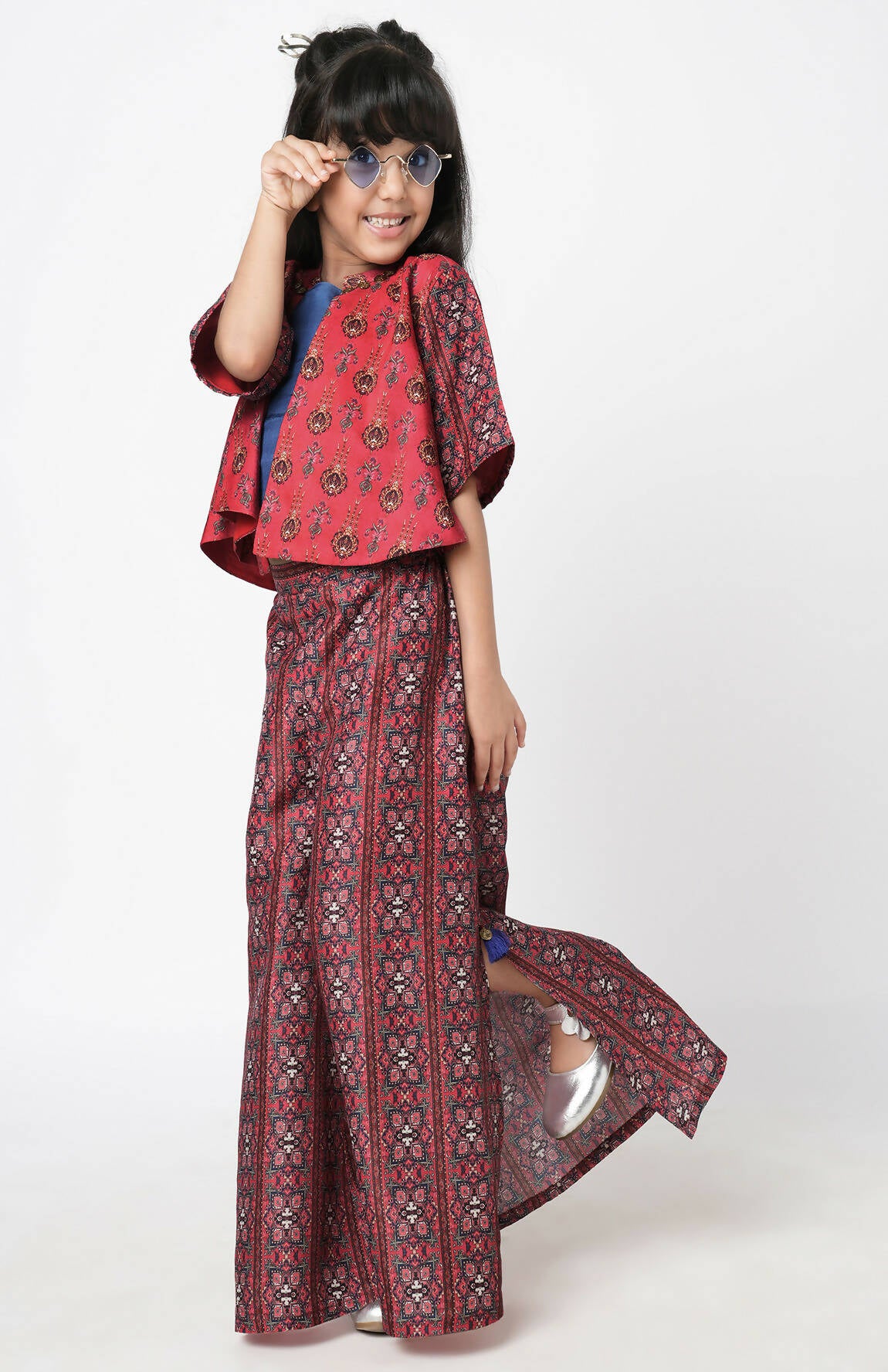 Lil Drama Ethnic Twist Girls Red Print Flared Palazzo With Top And Jacket Co-Ordinate Set - Distacart