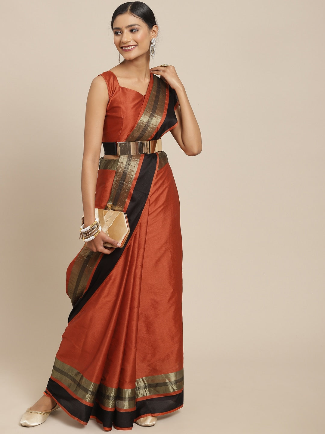Saree Mall Rust & Gold-Toned Woven Design Silk Blend Uppada Sarees - Distacart