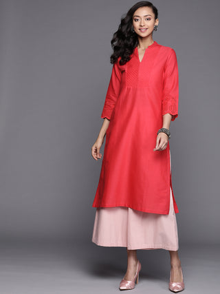 Biba Women Coral Red Yoke Design Pleated Straight Kurta - Distacart