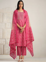 Thumbnail for Sangria Red Floral Printed Gotta Patti Pure Cotton Kurta With Trouser & Dupatta - Distacart