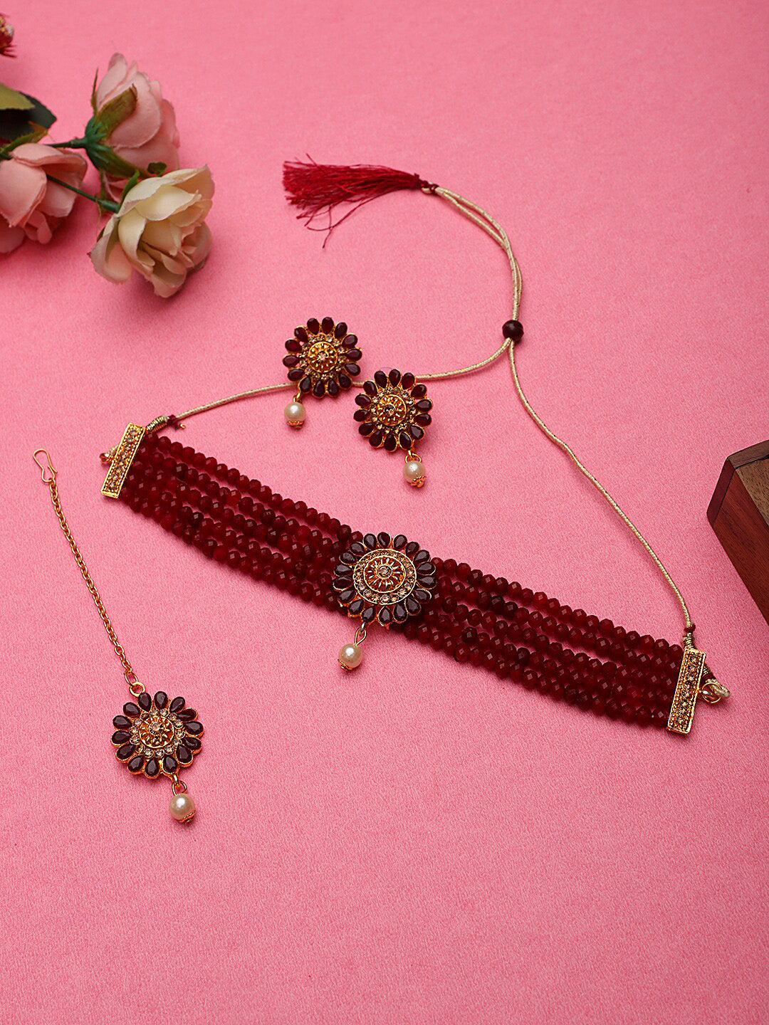 Cardinal Gold-Plated Maroon Onyx-Studded & Beaded Jewellery Set - Distacart