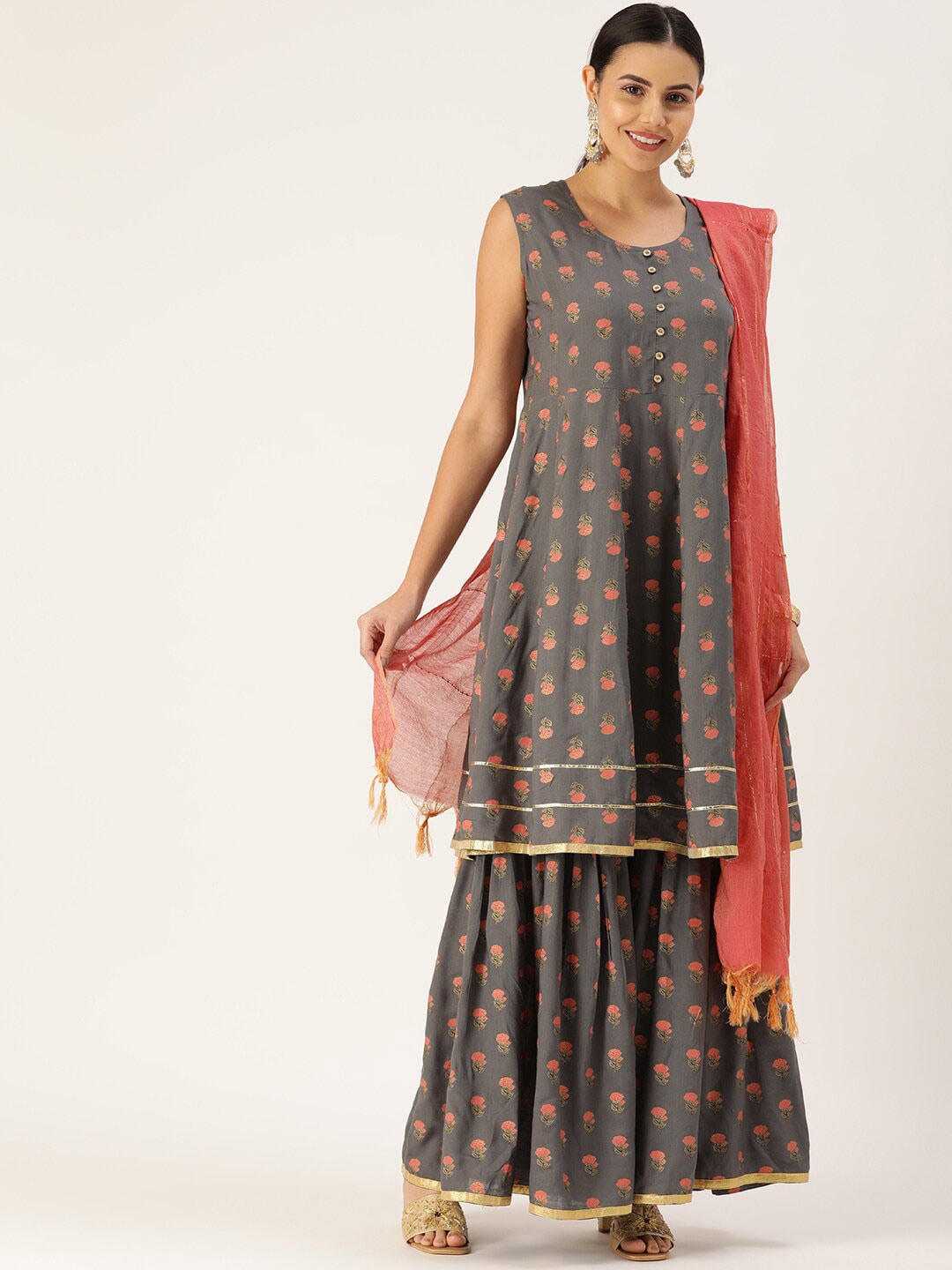 HERE&NOW Women Grey & Peach-Colored Floral Printed Kurta With Sharara With Dupatta - Distacart