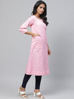 Thumbnail for Biba Women Pink Embroidered Detail A-Line Kurta - Distacart