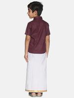 Thumbnail for Sethukrishna Boys Maroon & White Pure Cotton Solid Shirt and Dhoti Set - Distacart