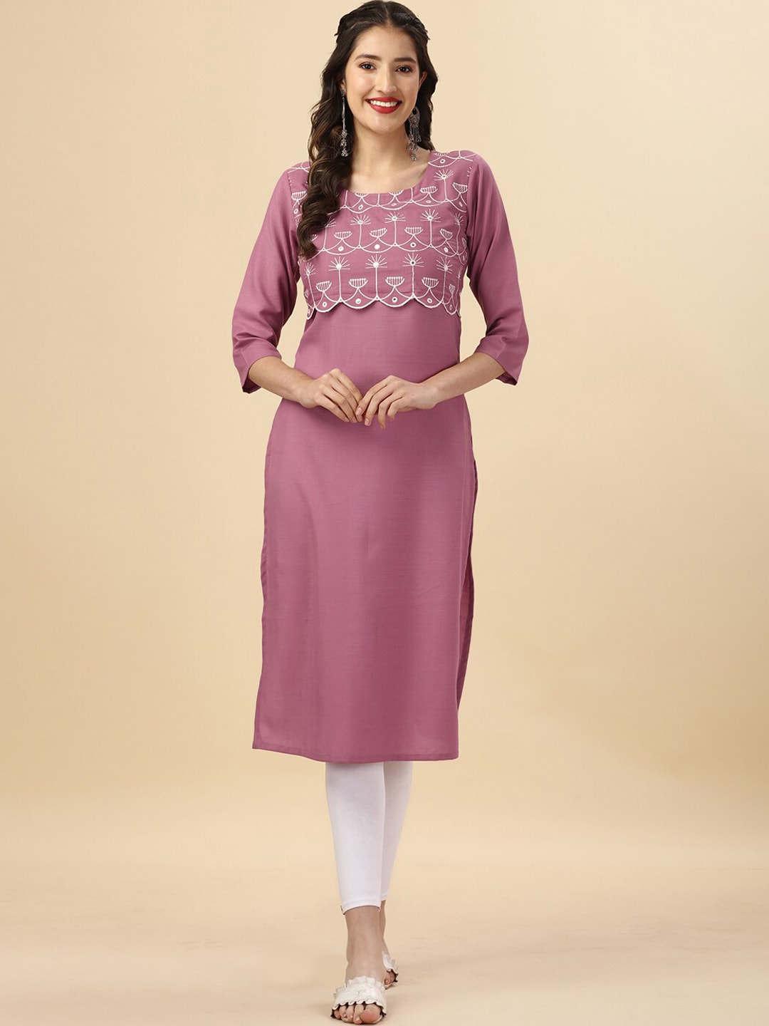 HERE&NOW Mauve & Biege Ethnic Motifs Embroidered Yoke Design Mirror Work Kurta - Distacart