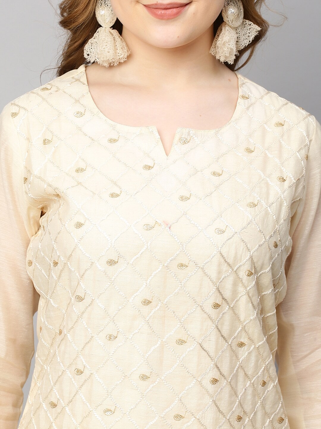 Kalini Women Cream-Coloured Floral Printed Straight Kurta with Trousers & With Dupatta - Distacart