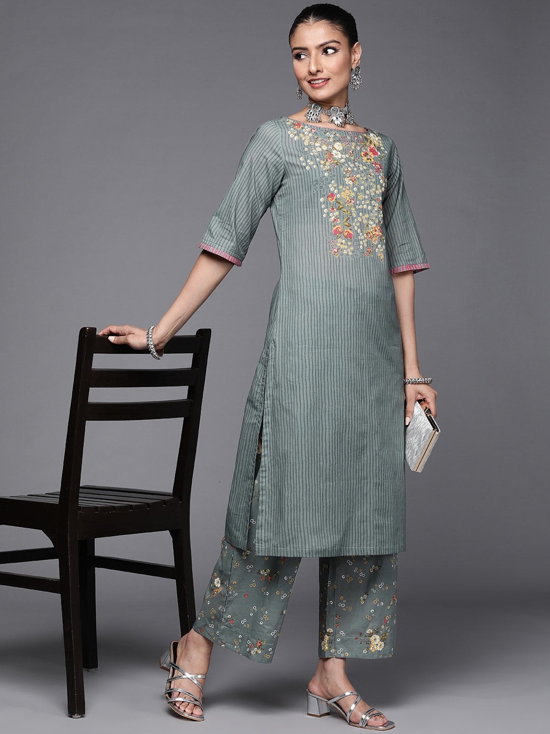 Biba Women Green Floral Printed Pure Cotton Kurta with Palazzos - Distacart