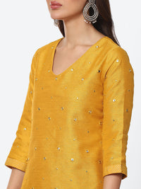 Thumbnail for Biba Women Yellow Embellished Mirror Work Straight Fit Art Silk Kurta with Dupatta - Distacart