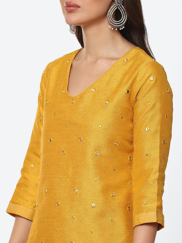 Biba Women Yellow Embellished Mirror Work Straight Fit Art Silk Kurta with Dupatta - Distacart