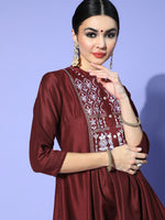 Thumbnail for Sangria Women Maroon Ethnic Motifs Embroidered Yoke Design A-Line Kurta with Trousers - Distacart