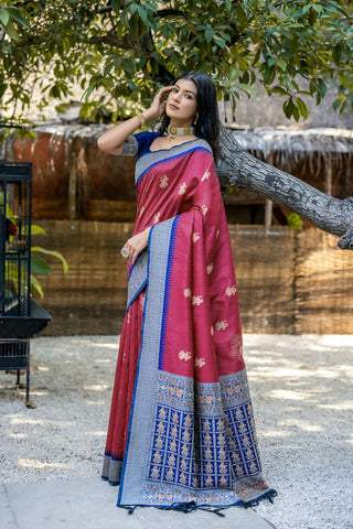 Vishnu Weaves Women's Pink Tussar Silk Zari Woven Saree with Blouse - Distacart