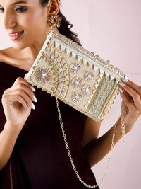 Thumbnail for Rubans Women Gold-Toned & White Embellished Box Clutch - Distacart