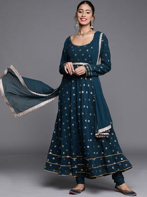 Libas Blue Embroidered Panelled Kurta with Churidar & With Dupatta - Distacart