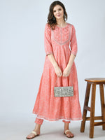 Thumbnail for Kalini Women Peach-Coloured Bandhani Printed Empire Gotta Patti Kurta Set - Distacart