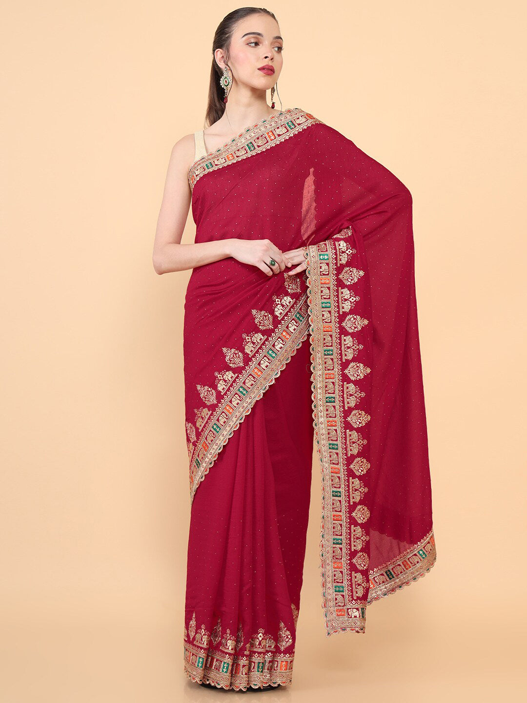Soch Red & Gold-Toned Embroidered Silk Blend Tussar Saree - Distacart