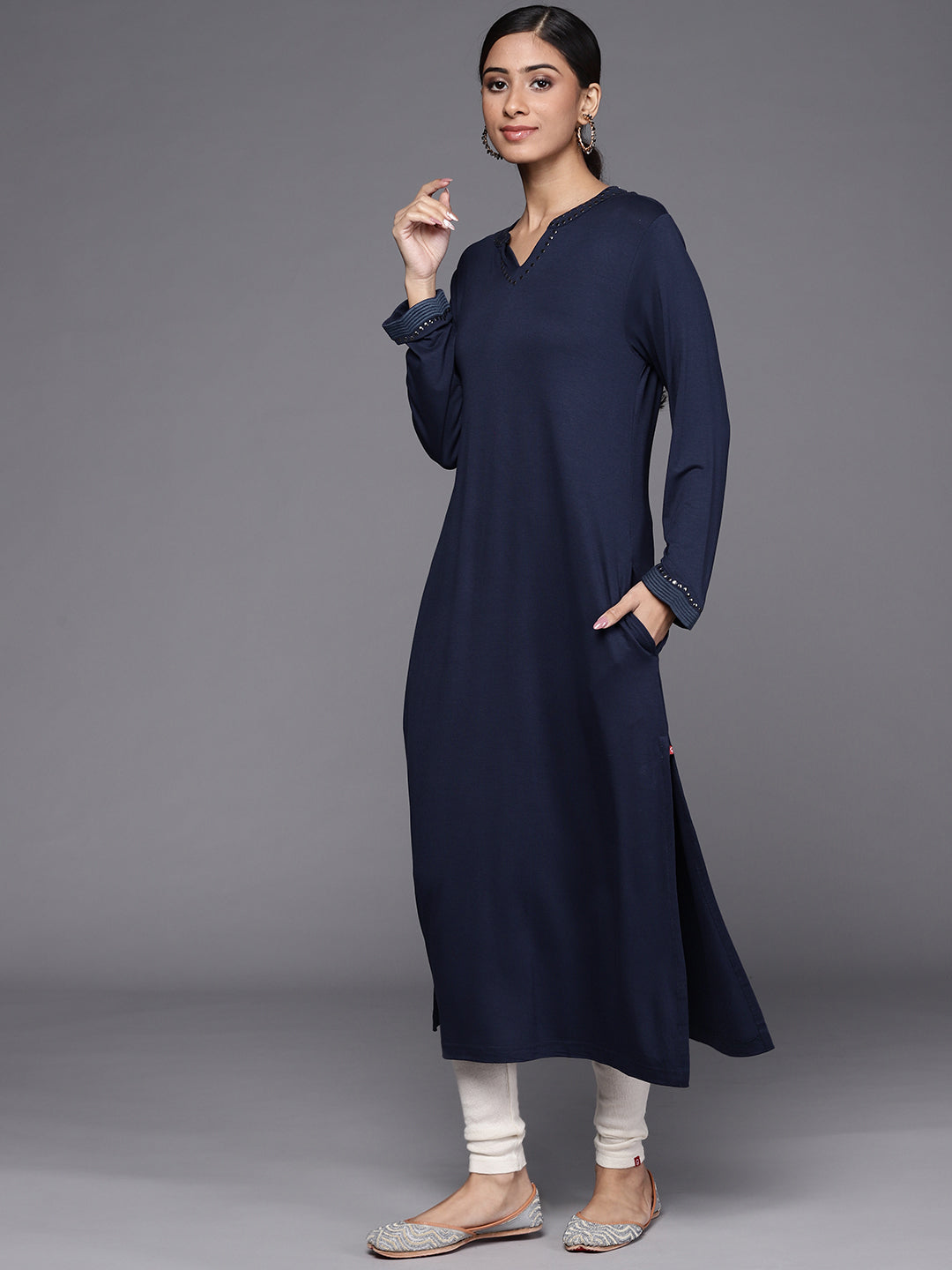 Biba Women Navy Blue Solid Kurta - Distacart