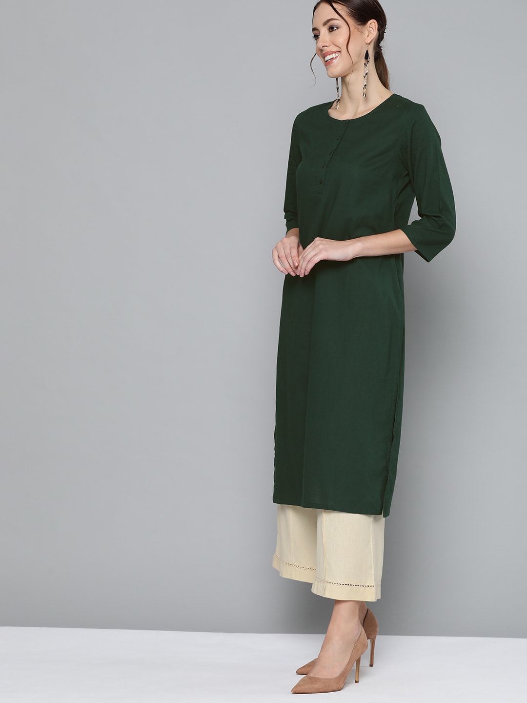 HERE&NOW Women Green Pure Cotton Solid Kurta - Distacart