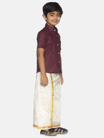 Thumbnail for Sethukrishna Boys Maroon & White Pure Cotton Shirt with Dhoti - Distacart