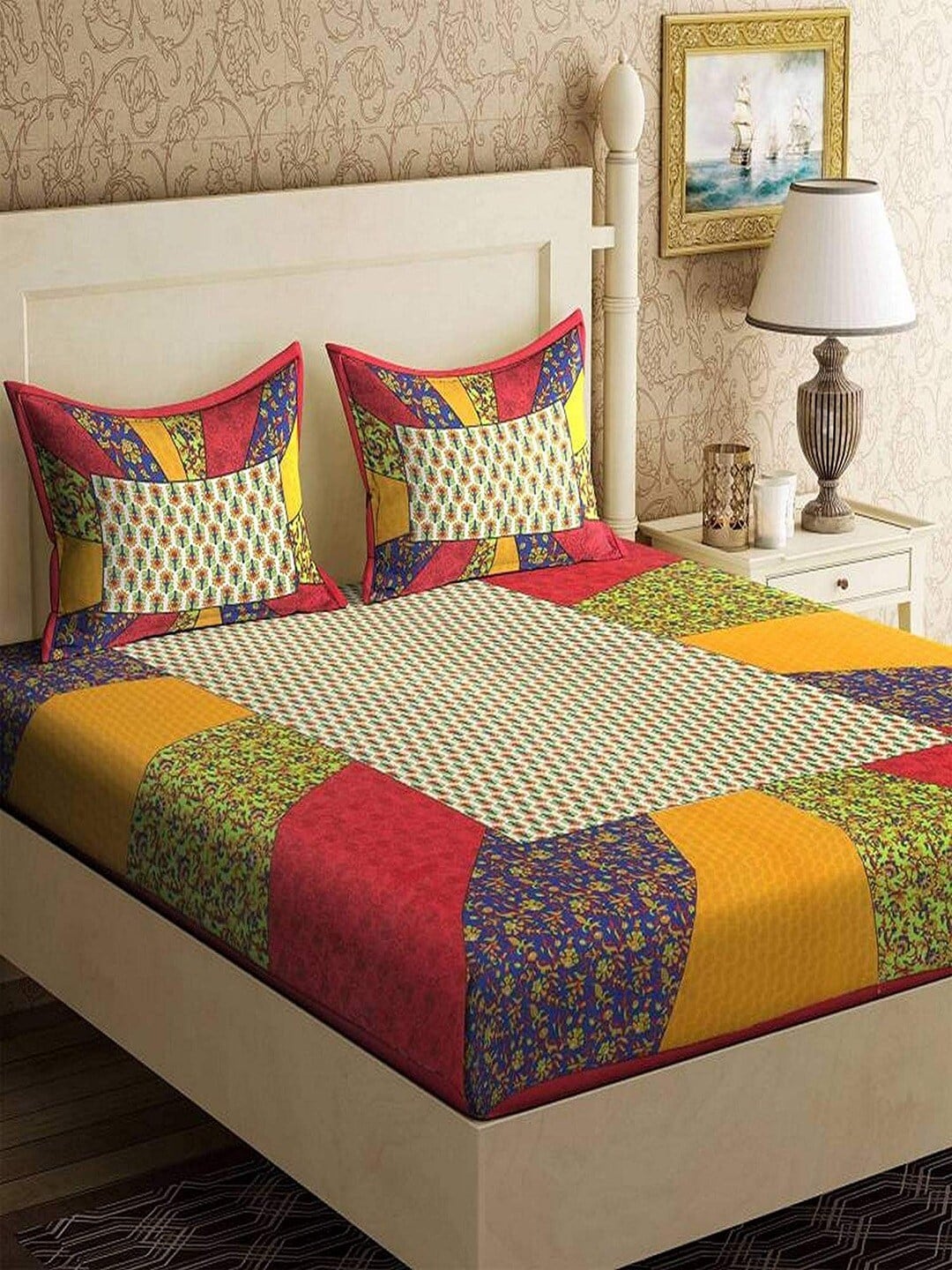UNIQCHOICE Yellow & Red Ethnic Motifs Pure Cotton 120 TC Queen Bedsheet & 2 Pillow Covers - Distacart