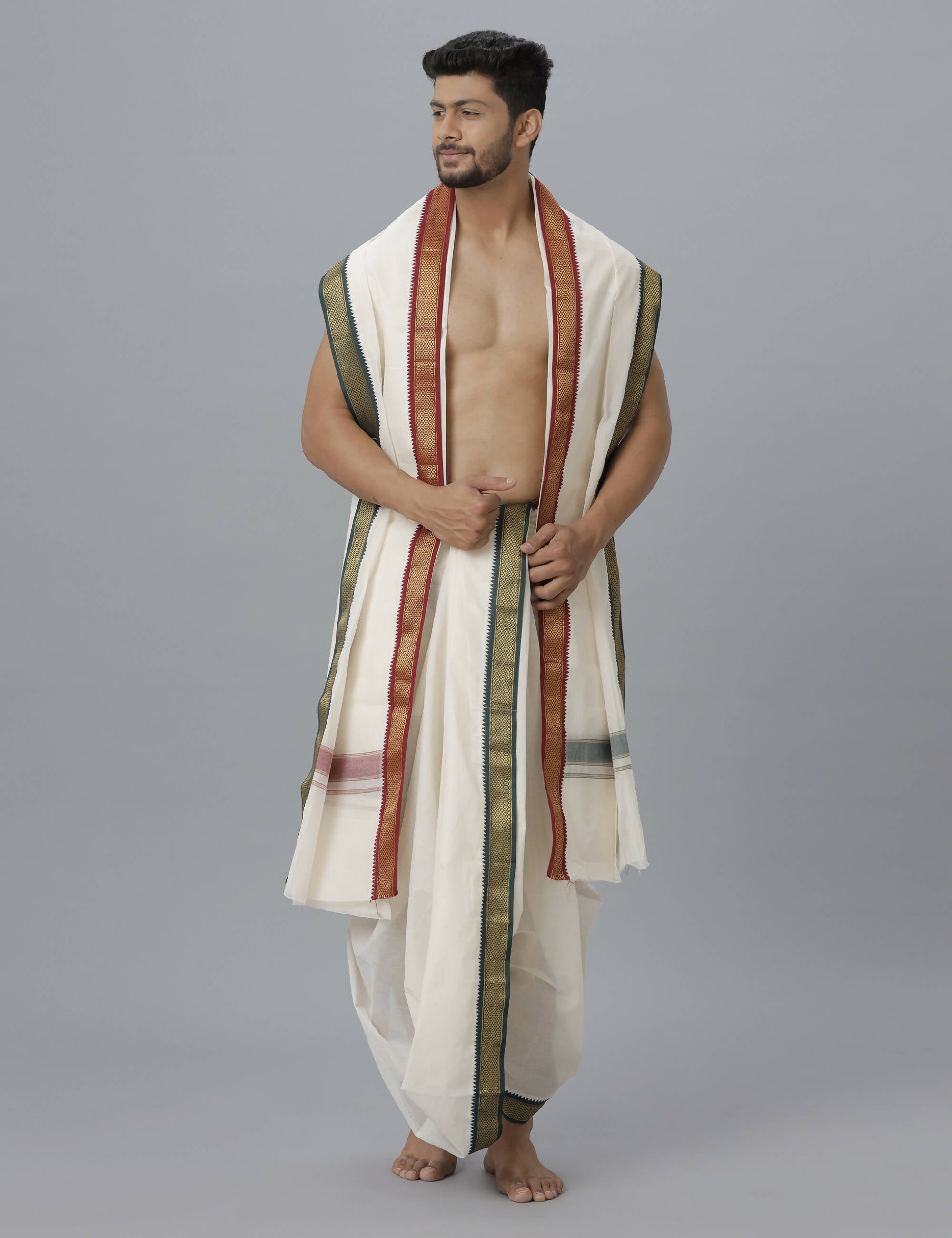 Ramraj Cotton Mens Pure Cotton 5 Khan Jari 9 + 5 Kora Panchakacham Dhoti With Angavastram Set - Distacart