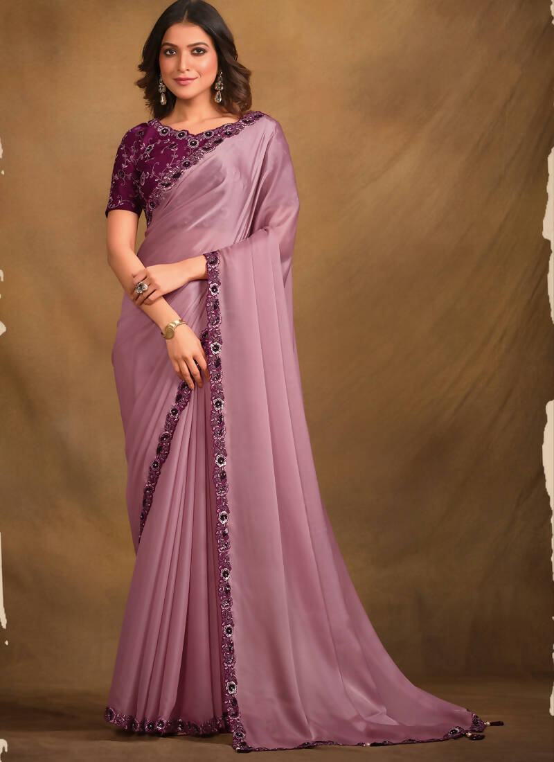 Purple Satin Silk Designer Saree with Unstitched Blouse - Norita Mahitha - Distacart