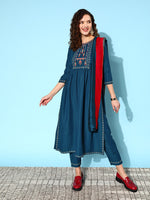 Thumbnail for Sangria Ethnic Motifs Yoke Design Pleated Sequinned Kurta with Trousers & Dupatta - Distacart