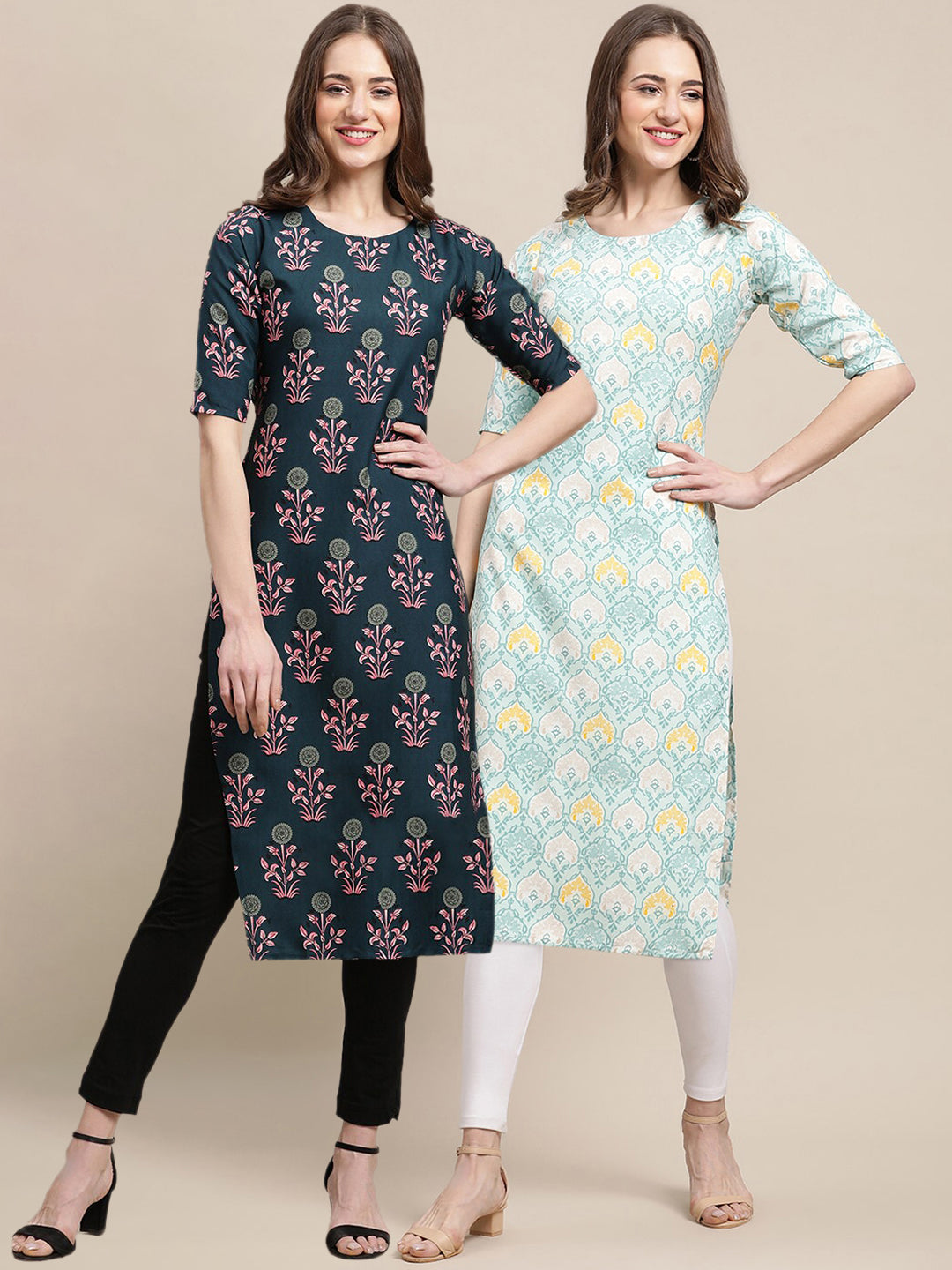 Kalini Women Teal & Blue Ethnic Motifs Printed Crepe Pack of 2 Kurtas - Distacart