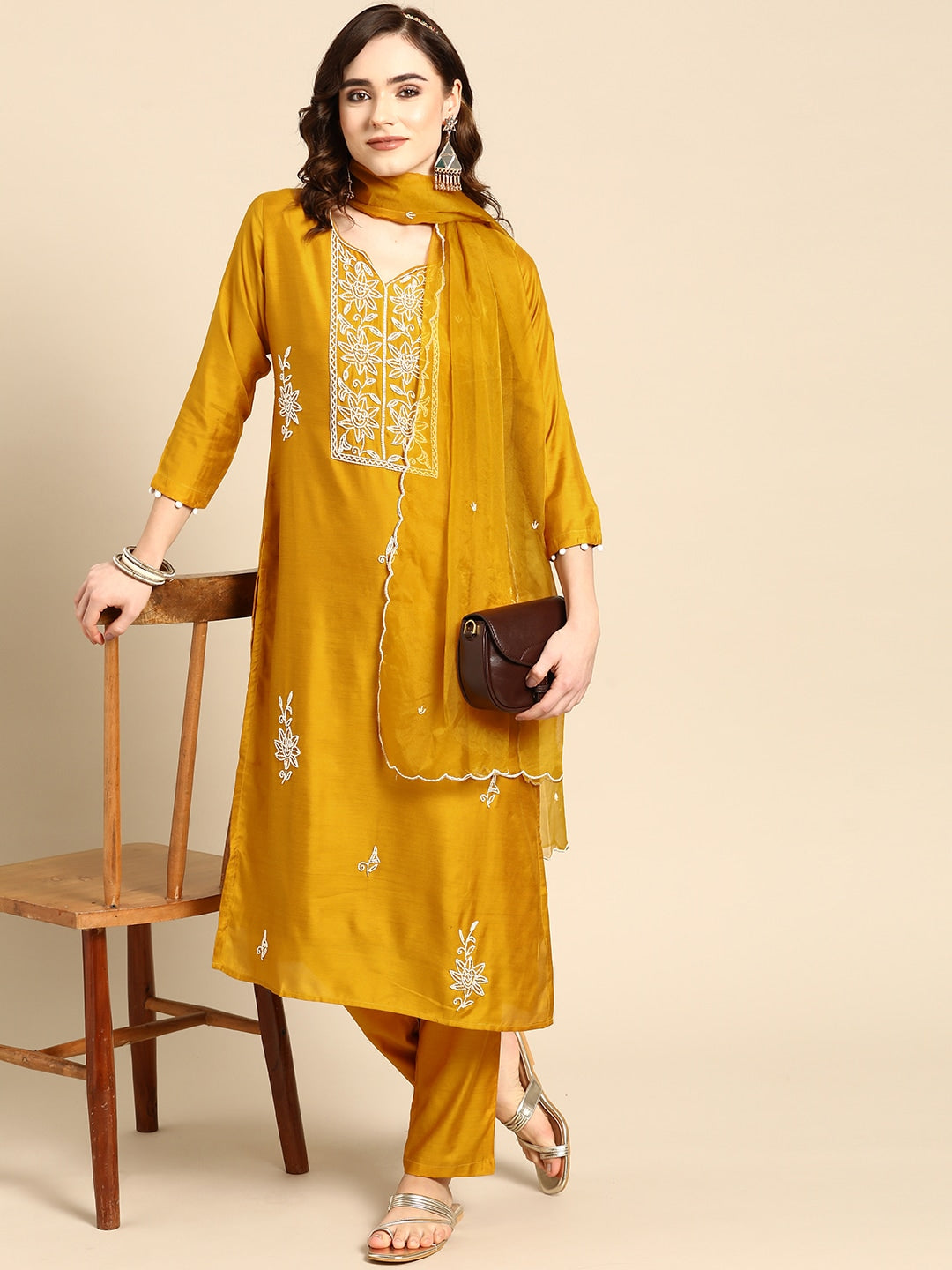 Sangria Women Mustard Yellow & White Embellished Beaded Kurta with Trousers & Dupatta - Distacart