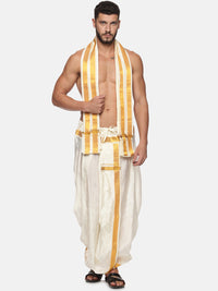 Thumbnail for Sethukrishna Men Cream and Gold-Toned Solid Dhoti With Angavastram - Distacart