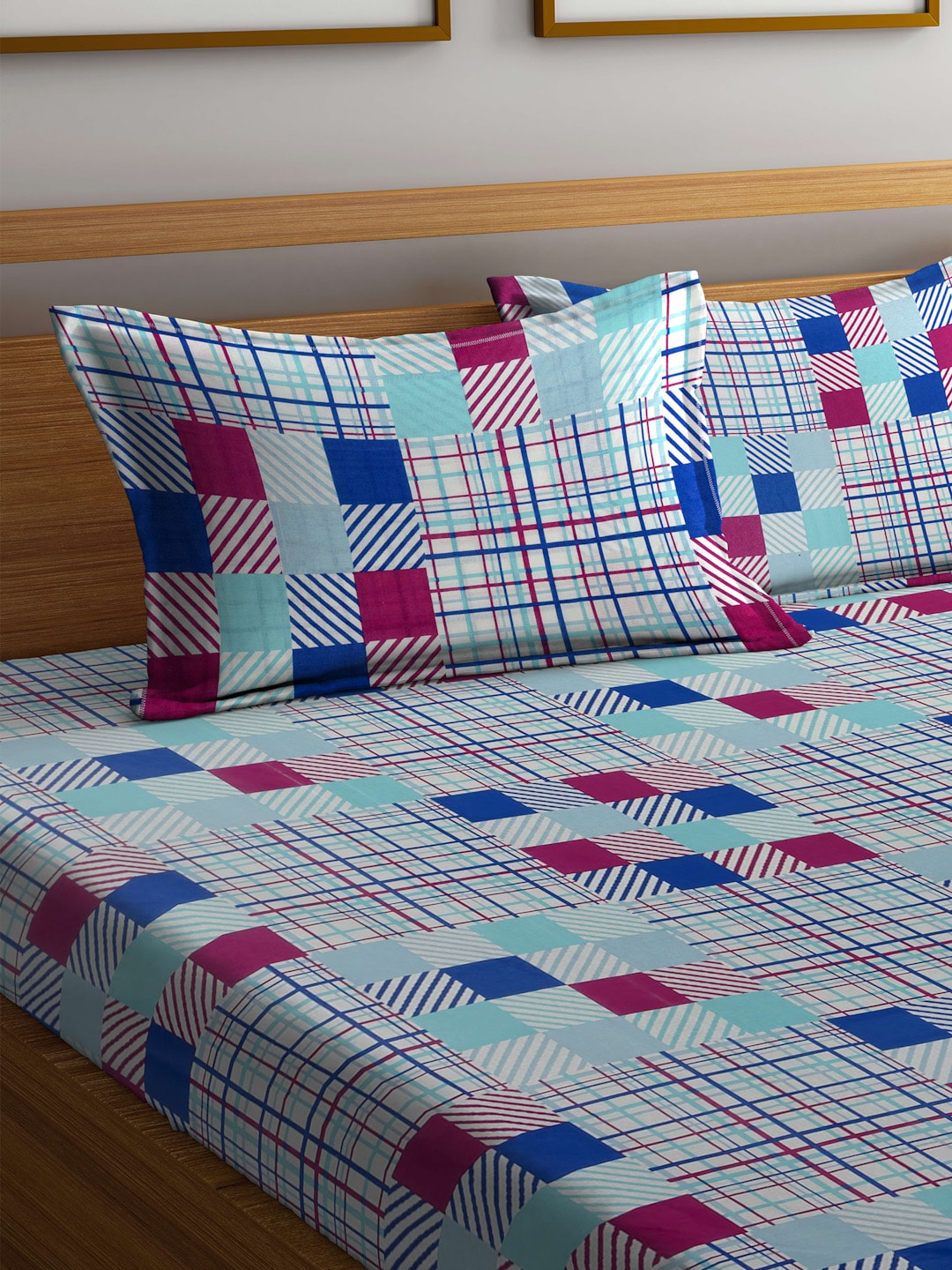 BOMBAY DYEING Marigold Blue Geometric Cotton 104 TC King Bedsheet With 2 Pillow Covers - Distacart