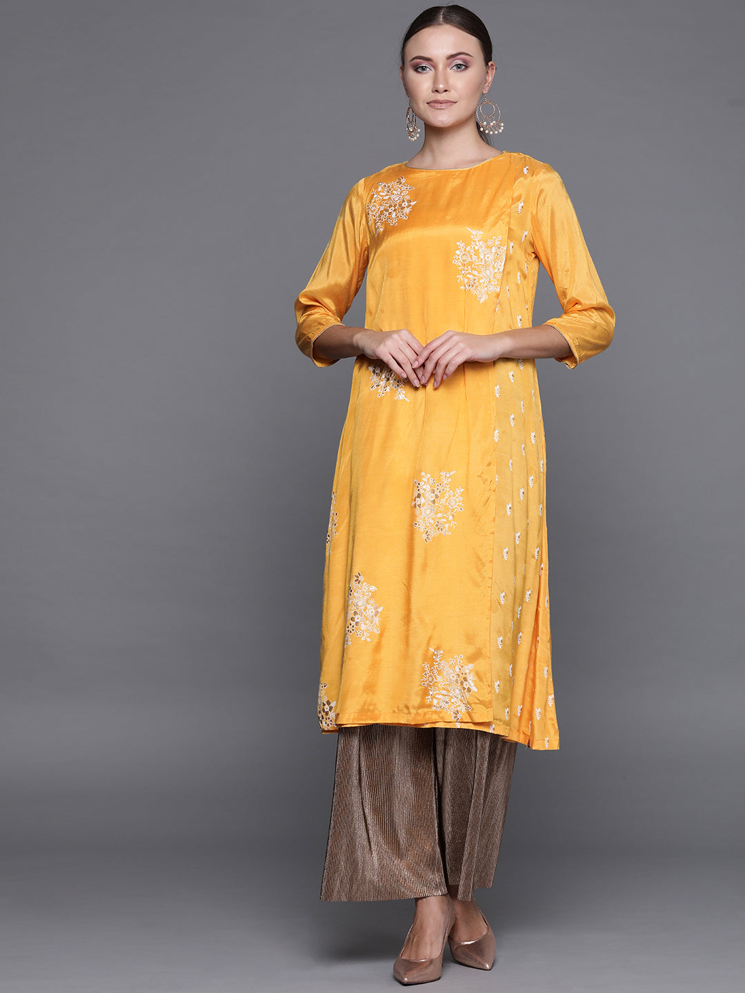 Biba Women Yellow & White Block Print Layered A-Line Kurta - Distacart