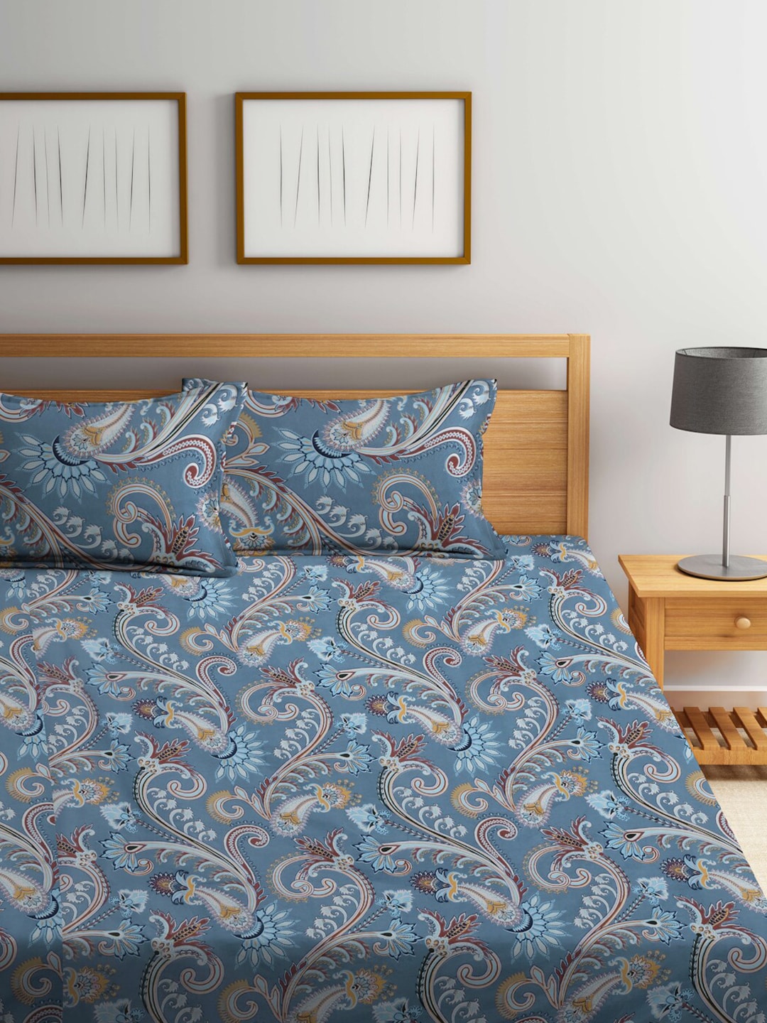 FABINALIV Grey & Brown Etnic Motifs 300 TC Fitted King Bedsheet With 2 Pillow Covers - Distacart