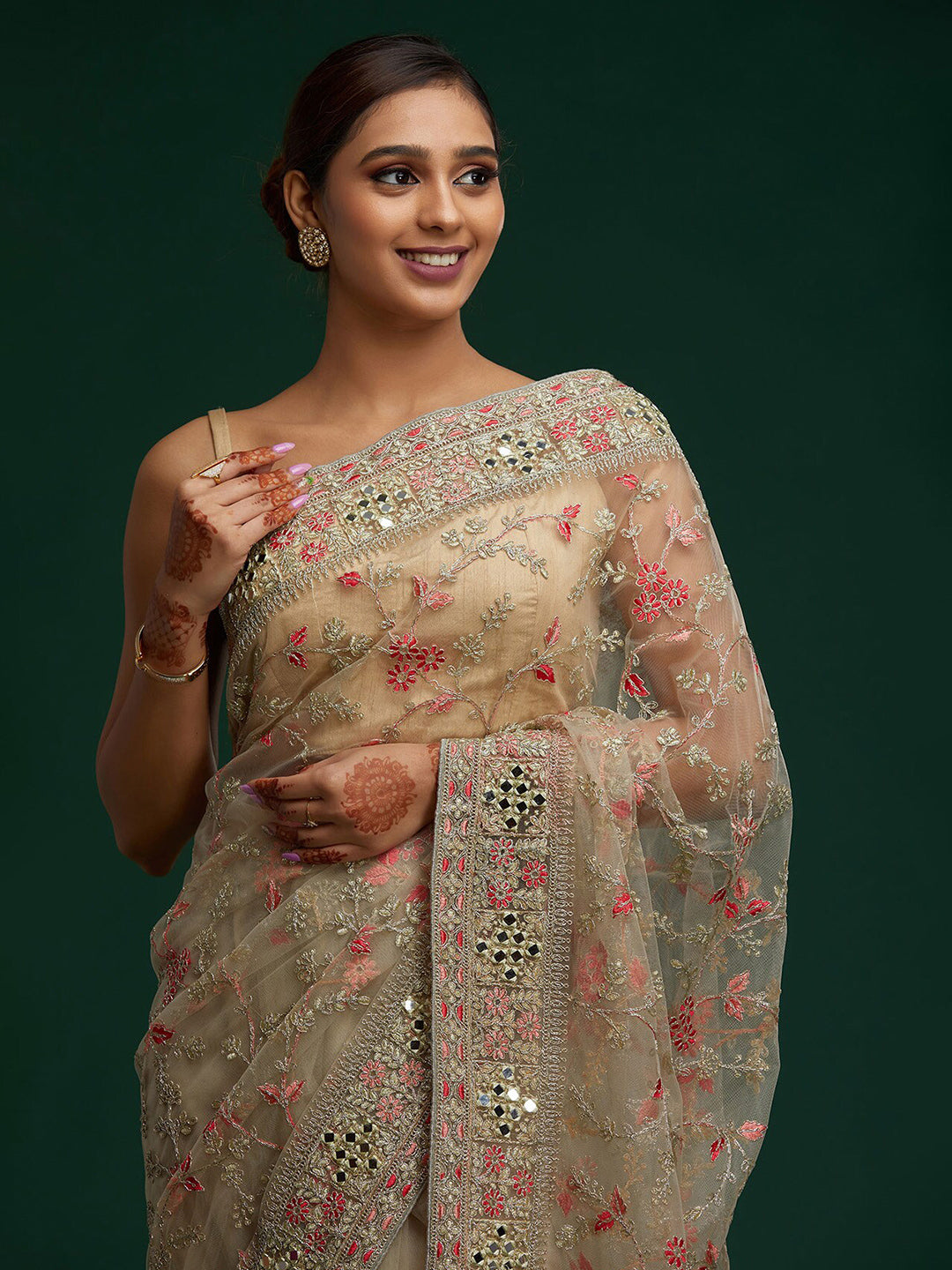 Koskii Green & Pink Embellished Gotta Patti Supernet Saree - Distacart