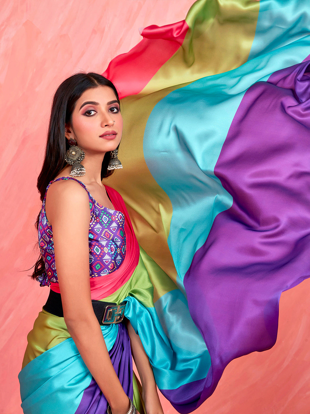 Sangria Colourblocked Satin Saree - Distacart