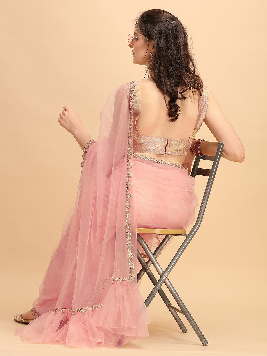 Sangria Pink Solid Net Ruffled Saree - Distacart