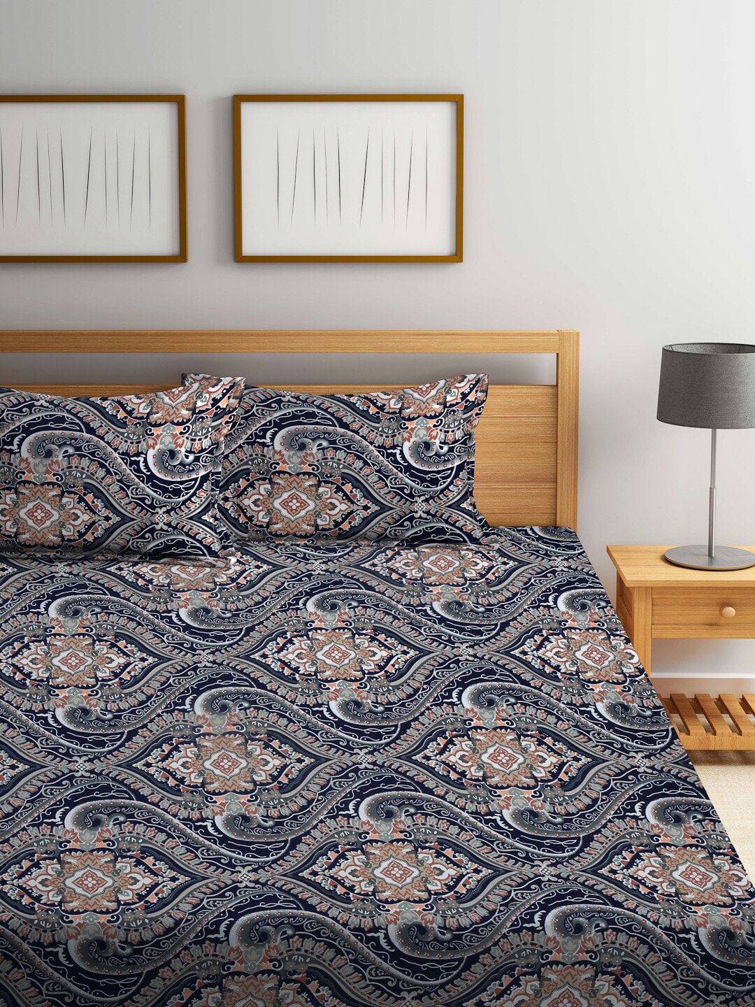 KLOTTHE Blue & Brown Ethnic Motif Printed 300 TC Fitted King Bedsheet With 2 Pillow Covers - Distacart