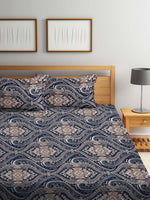 Thumbnail for KLOTTHE Blue & Brown Ethnic Motif Printed 300 TC Fitted King Bedsheet With 2 Pillow Covers - Distacart