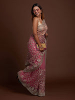 Thumbnail for Koskii Pink & Silver-Toned Floral Zari Supernet Saree - Distacart