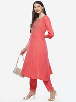 Thumbnail for Biba Women Fuchsia Yoke Design A-Line Kurta With Trousers Set - Distacart