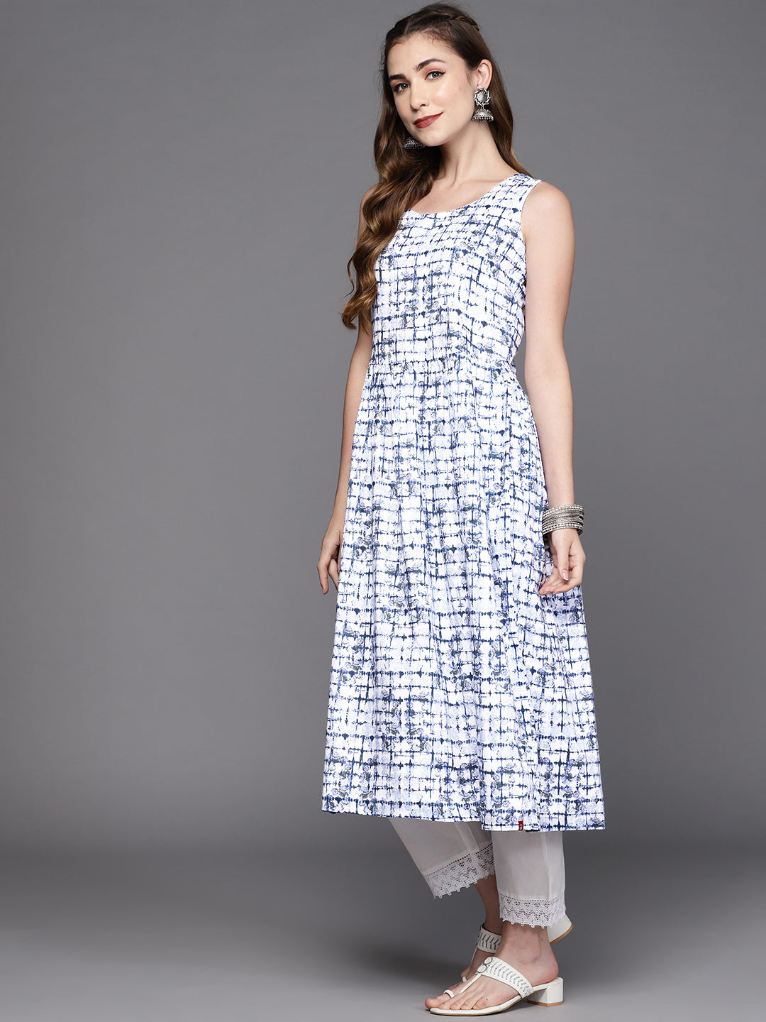 Biba Women White & Navy Blue Pure Cotton Checked A-Line Kurta - Distacart