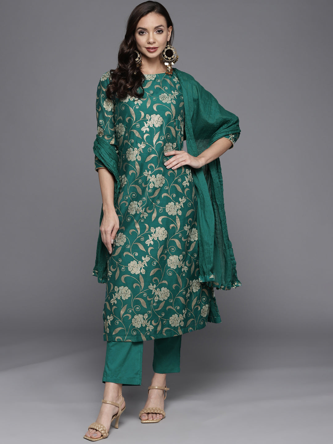 Biba Women Green & Golden Ethnic Motifs Printed Kurta with Trousers & With Dupatta - Distacart