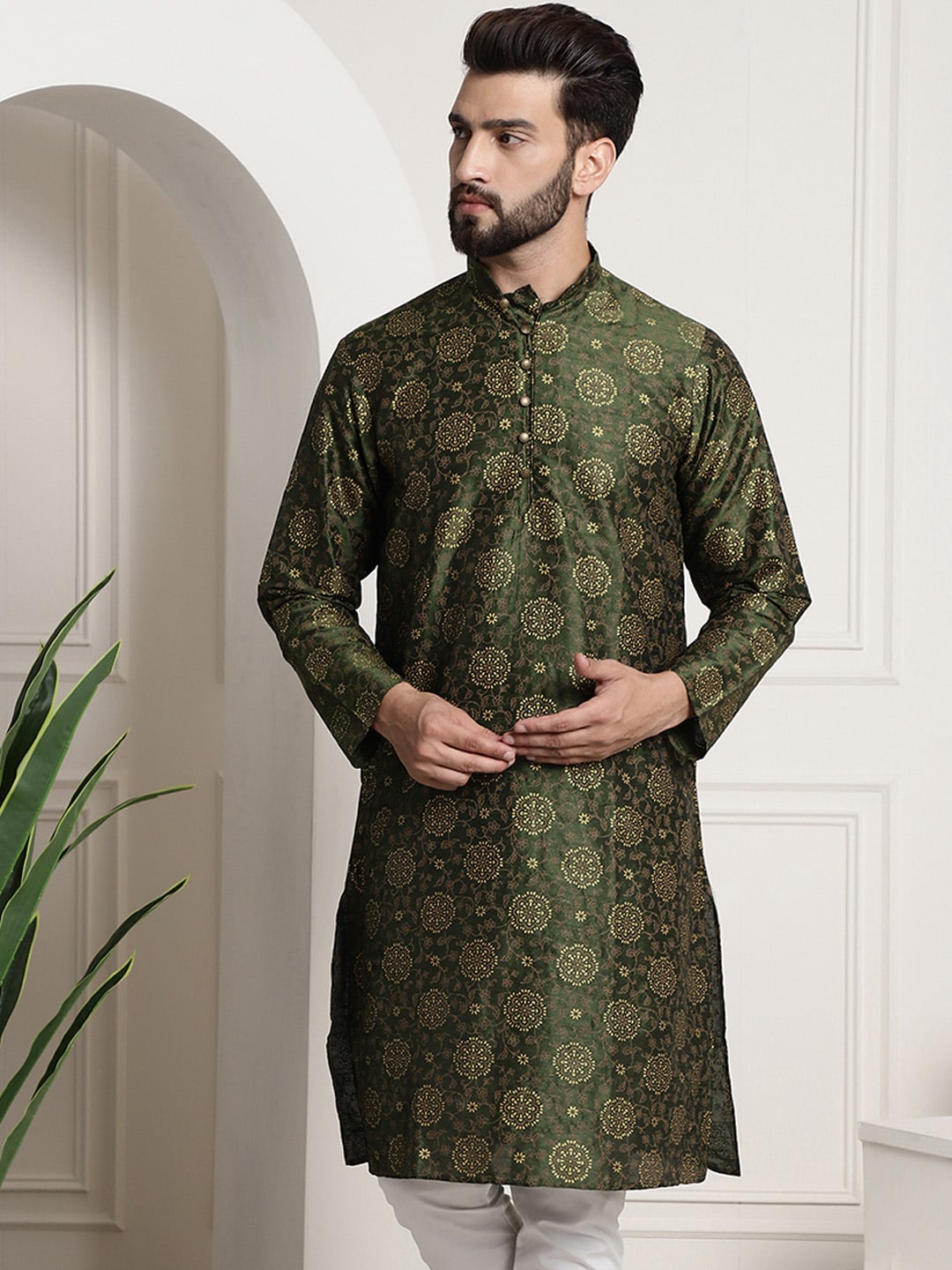 Sojanya Men Green & Brown Ethnic Motifs Printed Kurta - Distacart