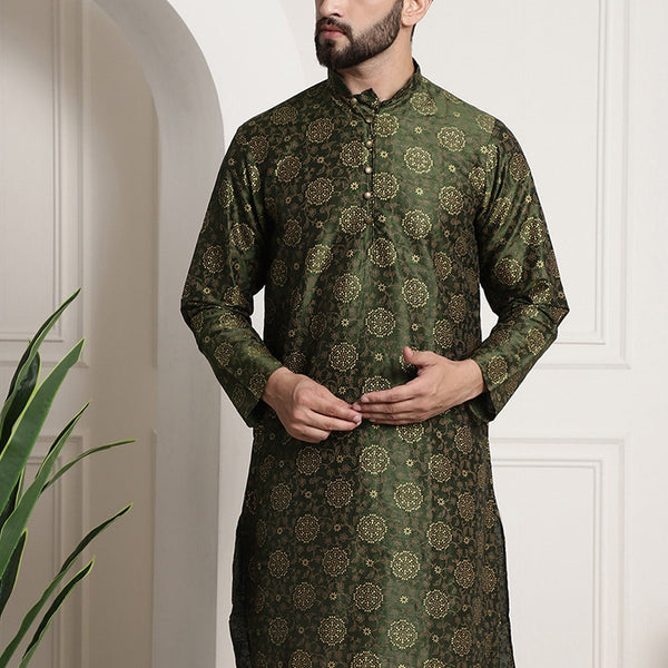 Sojanya Men Green & Brown Ethnic Motifs Printed Kurta - Distacart